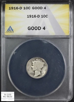 Moneda de diez centavos de plata Mercury 1916 D 10C ANACS G 04 Foto 1 de 4