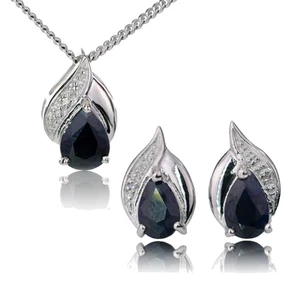 Natürlicher Saphir Set Sterlingsilber Halskette Ohrring Tintenblau Edelstein Diamant - Bild 1 von 12