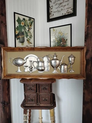 RARE Vintage Ideal Originals Framed 3-D Framed Art Primitive Pewter Ware 35" MCM - Image 1 of 4