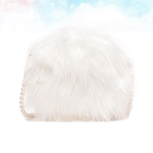 Pearl Chain Furry Women's Bag Miss Woman White Fuzzy Purse Round Mini Shoulder - Picture 1 of 11