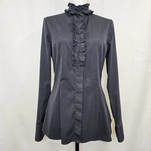 Walter Voulaz Ruffle Button Up Blouse Shirt Italian Size 44 Medium 6 / 8 Black - Picture 1 of 18