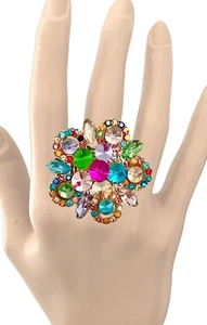 1.5/8" Colorful Crystals Rhinestones Adjustable Cluster Cocktail Party Ring - Picture 1 of 3