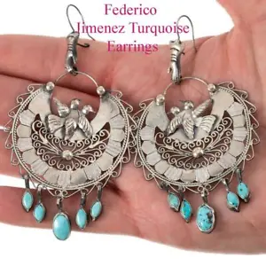 FEDERICO JIMENEZ Earrings "FRIDAS DOVES" Sterling Silver LONG Dangles TURQUOISE - Picture 1 of 9