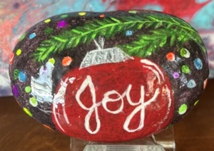 Hand Painted Rock Collectible "Christmas Ornament Joy”Art Garden Decor - Picture 1 of 5