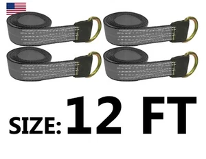 USA Sewn 2" x 12 FT Lasso Tie Down Pack of Four Axle Rim Trailer Wheel Strap Tow - Picture 1 of 7
