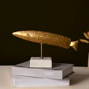 Brass Marble Fish Collectible Figurine Gold Statue Decor Sculpture Decoration - Picture 1 of 7