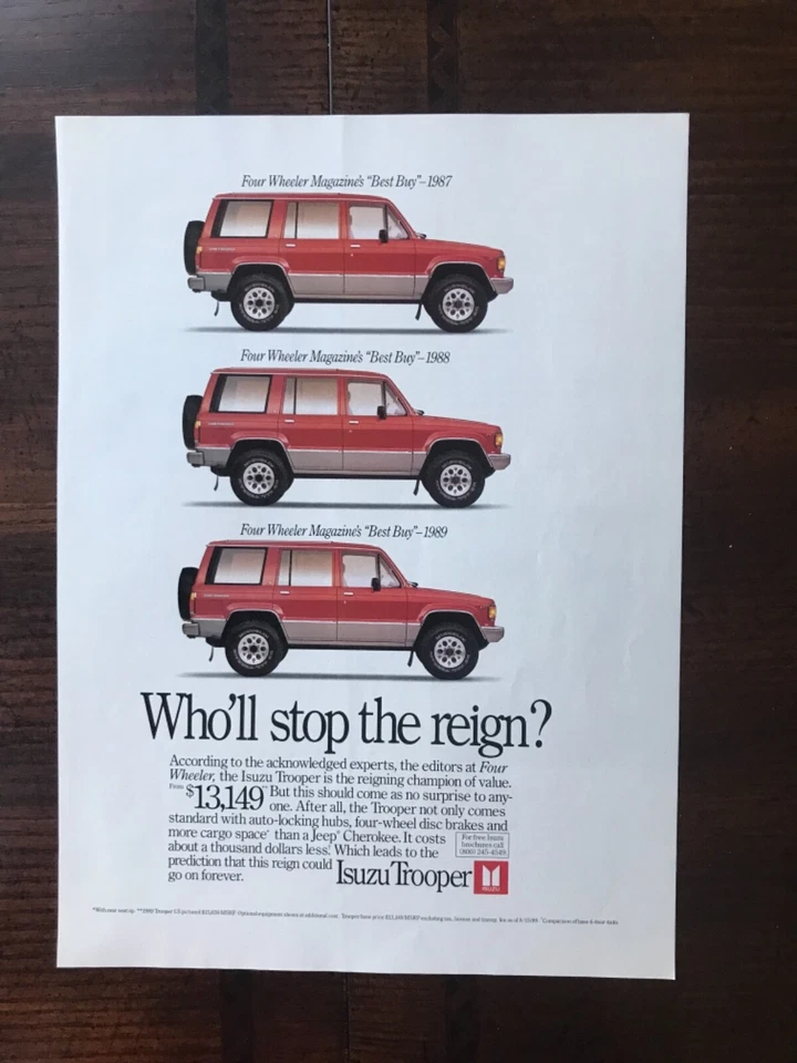 Anuncio impreso original vintage 1989 Isuzu Trooper 4x4 solo $13.149 Foto 1 de 1