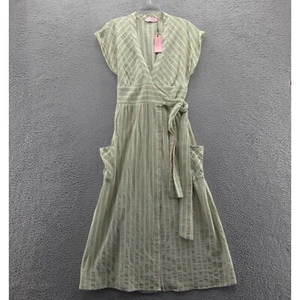 NWT Nichole Lynel Womens Linen Blend Wrap Dress Small Ivory Green Stripe Midi - Picture 1 of 14