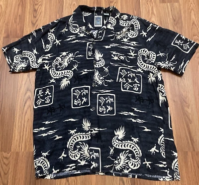 Ocean Current Shirt Mens Medium Dragon Print Black Rayon Vintage Korea 90s - Image 1 of 4
