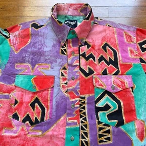 Camicia western Wrangler vintage anni 80 uomo 16x32 coda lunga azteca cowboy rodeo USA - Foto 1 di 14