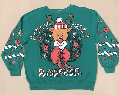 Moletom de Natal Vintage 'Holly Jolly Reindeer' Tempo de Férias Tamanho Grande - Imagem 1 de 4