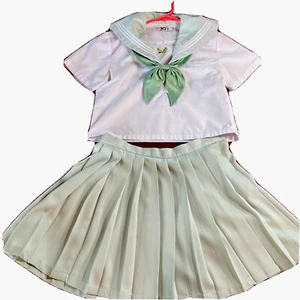 GREEN SCHOOL UNIFORM pleated SKIRT WHITE SAILOR shirt Cosplay Japanese anime MED - Picture 1 of 14