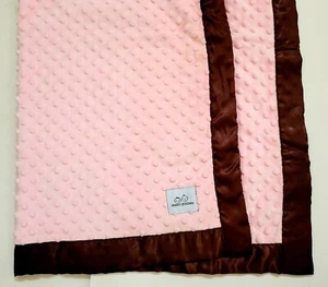 DRESSY DRIBBLES Luxury Receiving Blanket Pink Minky Plush Brown Silky Satin Trim - Picture 1 of 4
