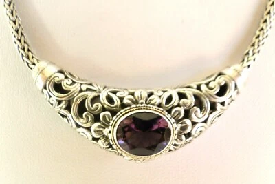 Collar de cadena de plata de ley balinesa ornamentada amatista púrpura Foto 1 de 4