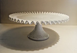Vintage Fenton White Milk Glass Hobnail Pedestal Cake Plate Crimped Rim 12 1/2" - Picture 1 of 12