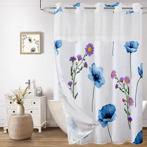 No Hook Floral Shower Curtain with Snap in Fabric Liner Set - Navy Blue Sprin... - Picture 1 of 7