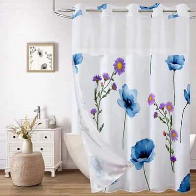 No Hook Floral Shower Curtain with Snap in Fabric Liner Set - Navy Blue Sprin... - Image 1 of 4