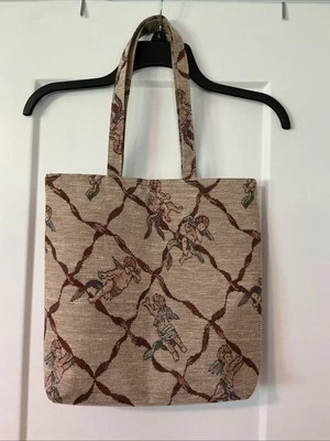 ВИНТАЖНЫЙ херувим ангел гобелен холст бежевый сумка с короткими ручками двойной ремни Snap 13 X 13 - Изображение 1 из 4