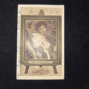 Postkarte Hübsche Frau 1912 malen wenn Kirschen reif sind antik - Bild 1 von 3