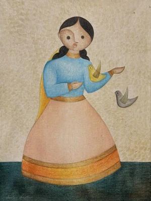 🔥 Pintura al óleo vintage años 60 mexicana moderna niña cubista PÁJAROS, Gustavo Martínez Foto 1 de 4