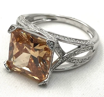 Anillo Piedra NVC 925 Esterlina Cuadrado 12x12 mm Vidrio Color Ámbar Brillante Talla 10 Foto 1 de 4