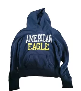 American Eagle Navy Yellow Distress Letters Pullover Hoodie Womens Juniors Small - Picture 1 of 11