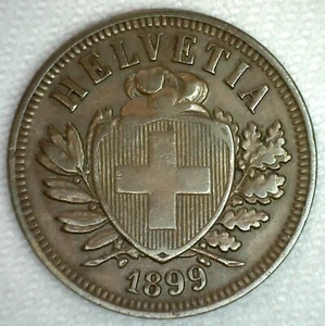 1899 B Switzerland 2 Rappen Bronze Coin VF Swiss Very Fine - Picture 1 of 2