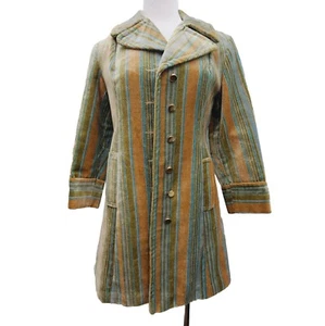 Vtg 60 Tapestry Coat Custom Made Striped Velvet Upholstery Gold Buttons - Picture 1 of 21