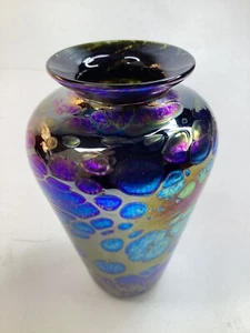 5” Vintage Cobalt Iridescent Art Glass Vase Blue Bud Vase (A2) - Picture 1 of 7