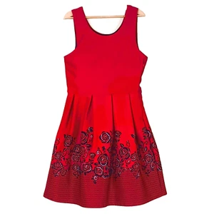 Red Pleated Special Occasion Dress 12 Sleeveless Black Velvet Floral Trim. Lined - Picture 1 of 8