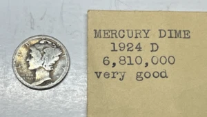 1924-D Merkur Silber Groschen 90% Silber 10c Münze mit Umschlag - alte USA Münzen - Bild 1 von 3