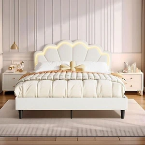 Queen Size Bed Frame with Elegant Flowers Headboard Metal Platform Wooden Mattre - Picture 1 of 7