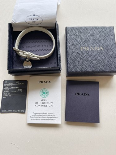 Bracciale PRADA Saffiano Pelle Argento Bianco Ferramenta con Carta Autenticità