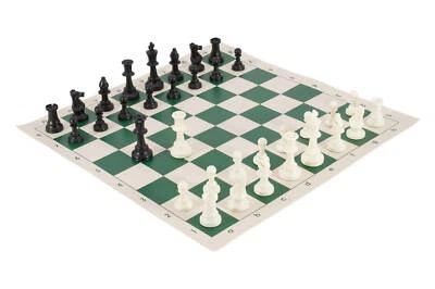 Tournament Chess Pieces & Chess Board Combo - SOLID PLASTIC - Green & Buff Vinyl - Image 1 of 2
