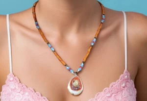 Hand Made Real Sea Shell Pendant Beach Life Orange Beaded Necklace Adjustable - Picture 1 of 4