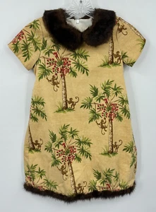Trish Scully Dress Girls 6 Monkey Faux Fur Beaded Tropical Animals Casual Yellow - Picture 1 of 10