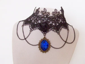 Choker, with black lace and black chains, 1 inch blue pendant drop - Picture 1 of 8