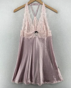 VICTORIAS SECRET Nightgown M Polka Dot Satin Lace Trim Racerback Lingerie Pink - Picture 1 of 13