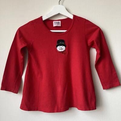 Flapdoodles Top Girls 4 long Sleeve t-shirt  Red Sequined Beaded Snowman Swing - Image 1 of 4