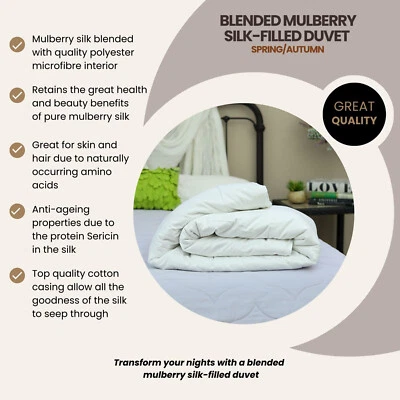 SILK BEDDING DIRECT Mulberry Silk-Filled Duvet. Spring/Autumn Weight. All Sizes. Aids Sleep.