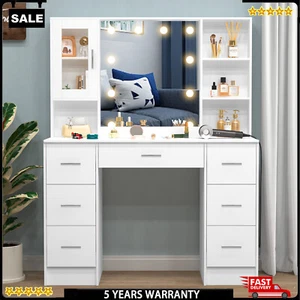 Makeup Vanity Desk with Mirror & Lights Big Vanity Set 7 Storage Drawers White - Picture 1 of 17