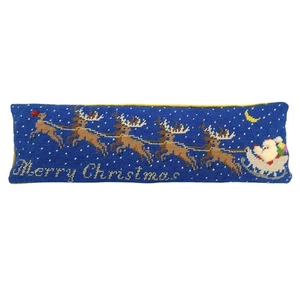 VTG Christmas Santa Sleigh Reindeer Needlepoint Cross Stitch Pillow Velvet 20” - Picture 1 of 7
