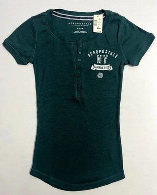 Aeropostale Mujer Manga Corta 7 Botones Gráfico Henley Aero NY Logo XS S M L XL Foto 1 de 3