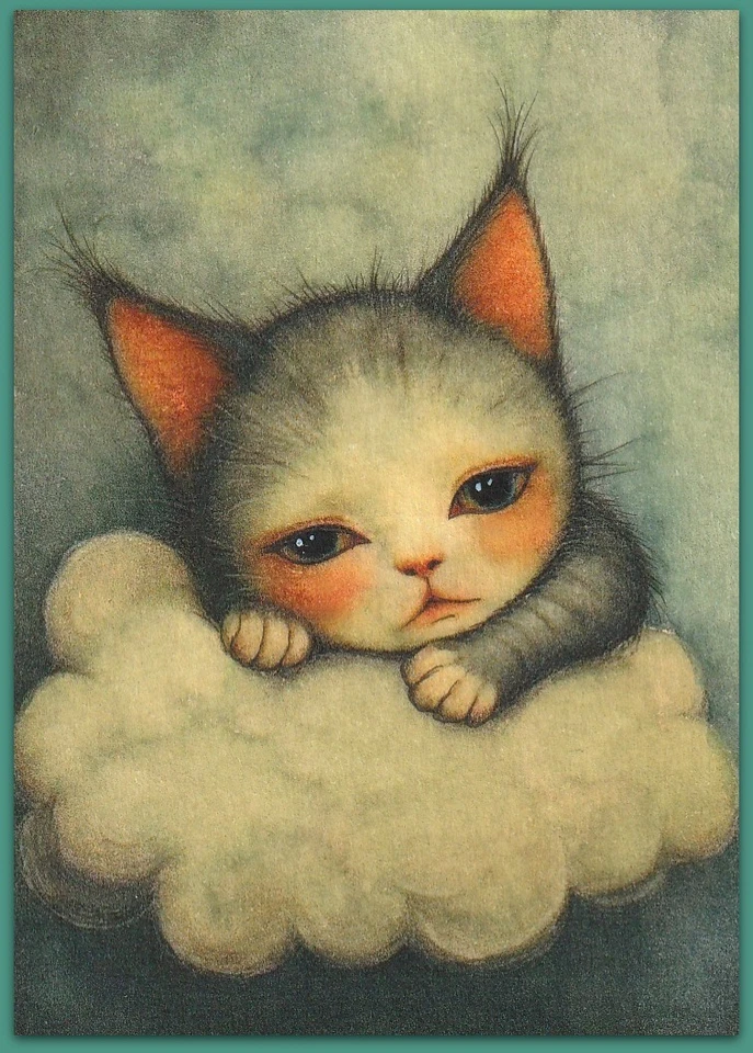 Pintura acuarela ACEO 2,5x3,5 - gato gatito nube fantasía surrealista Foto 1 de 1