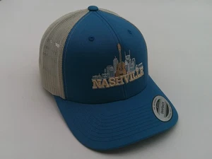 Nashville Hat Cap Snap Back Blue Tan Mesh Trucker Embroidered Skyline Mens - Picture 1 of 10