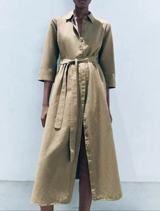 Zara linen MIDI SHIRT DRESS Brownish khaaki maxi dress Size large UK 12 14 BNWOT - Picture 1 of 8