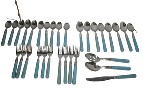 VTG Washington Forge Mardi Gras Stainless Steel Flatware Blue Handle 31 Pcs MCM - Picture 1 of 8