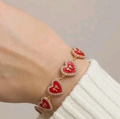 Adorable Red Hearts W/ Goldtone Bows, Rinestones, Charm Bracelet,  Adjustable  - Image 1 of 4