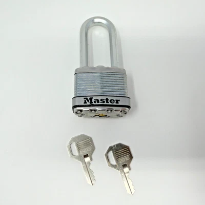 Master Lock Padlock Laminated Steel Long Shackle With 2 Keys Model 2916 USED - Image 1 of 4