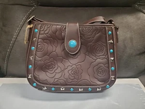 Purse - Women Crossbody - Canvas Sky - Brown Faux Leather w/Turquoise Beads -New - Picture 1 of 6